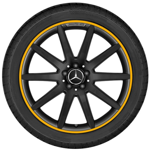 Juego de llantas AMG de 20 pulgadas GLA X156 negro con reborde de llanta amarillo Original Mercedes-Benz | A15640104029Y43-YNE