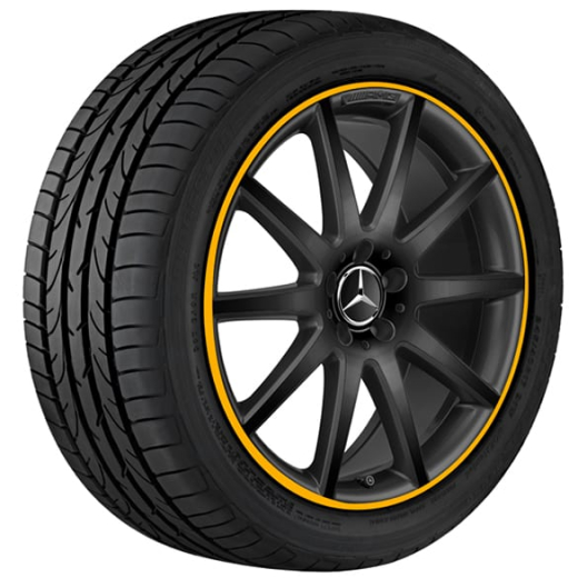 Set de jantes AMG 20 pouces GLA X156 noir avec rebord de jante jaune Original Mercedes-Benz | A15640104029Y43-YNE