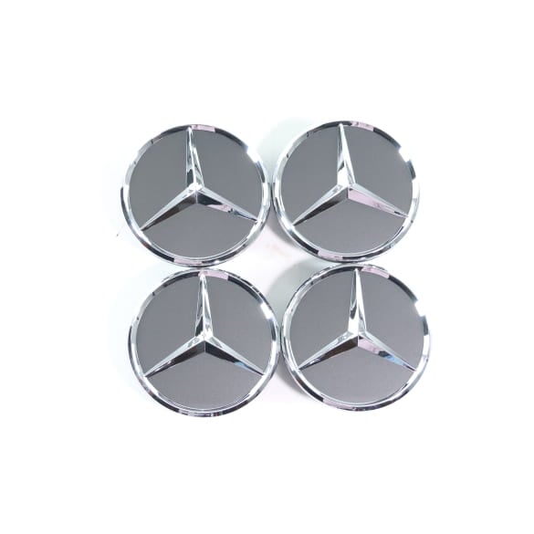 Hub cap set tantalum grey with chrome star 66.6 mm Genuine | A0004003800 7519 Hub cap set tantalum grey with chrome star 66.6 mm Genuine | A0004003800 7519