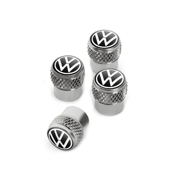 Valve Caps Set VW-Logo 4 sections Silver Rubber / metal valves genuine Volkswagen