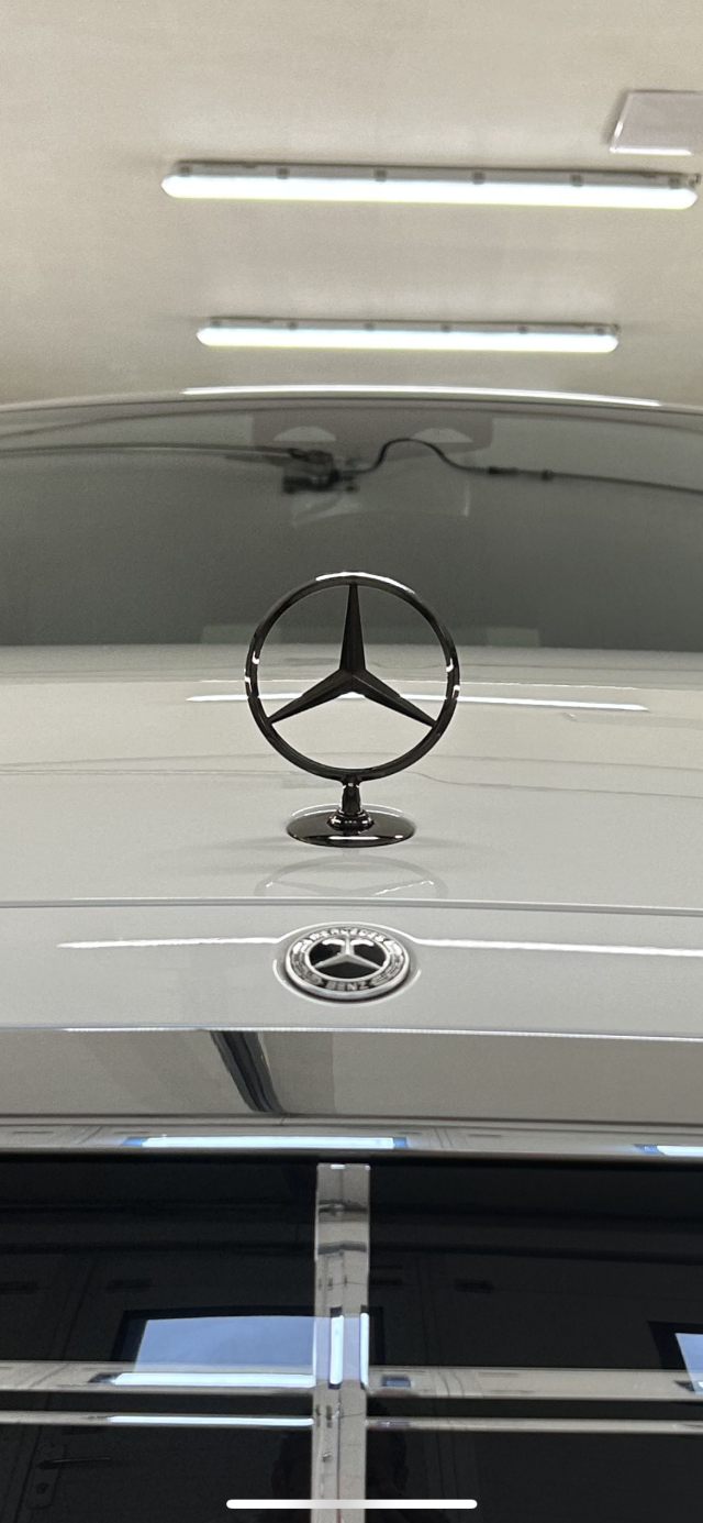 Mercedes Stern auf einer regennassen Motorhaube in