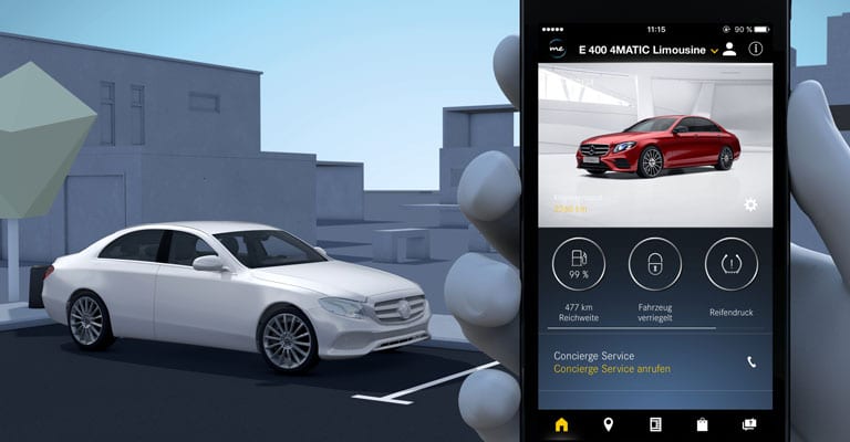 Mercedes me App für iOS und Android Bild zeigt die Mercedes me App auf einem Apple iPhone