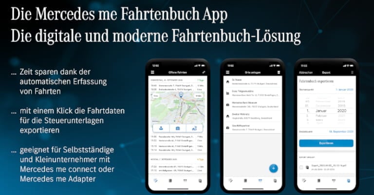 Mercedes-me Fahrtenbuch App: digitale und moderne Fahrtenbuch-Lösung Mercedes-me Fahrtenbuch App: digitale und moderne Fahrtenbuch-Lösung