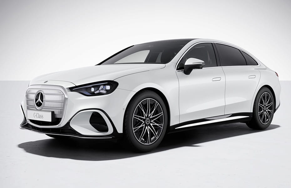 reinelektrische Mercedes-Benz C-Klasse in der 3/4 Frontansicht