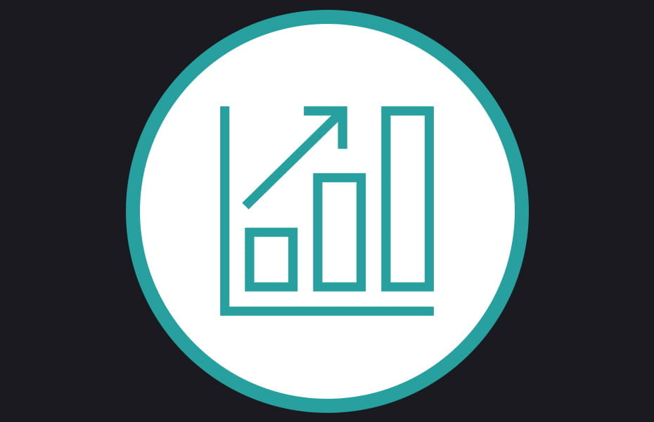 Icon steigendes türkises Diagramm auf weißem Hintergrund