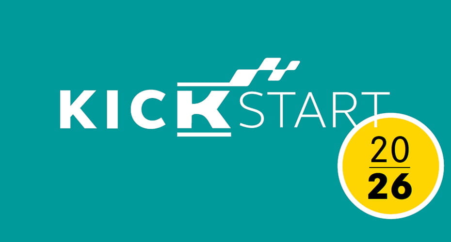 Kunzmann KickStart Logo mit Jahreszahl 2026 auf türkisem Hintergrund