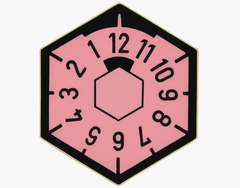 rosa Prüfplakette mit schwarzer Umrandung und Monatszahlen 