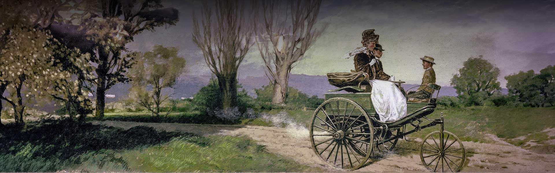 Gemaltes Bild von Berta Benz auf dem ersten Automobil bei der Fahrt durch Wald und Feld