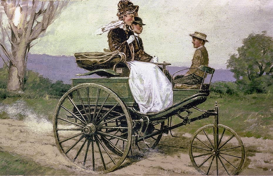 Gemälde von Berta Benz auf dem ersten Automobil zusammen mit Ihren Kindern
