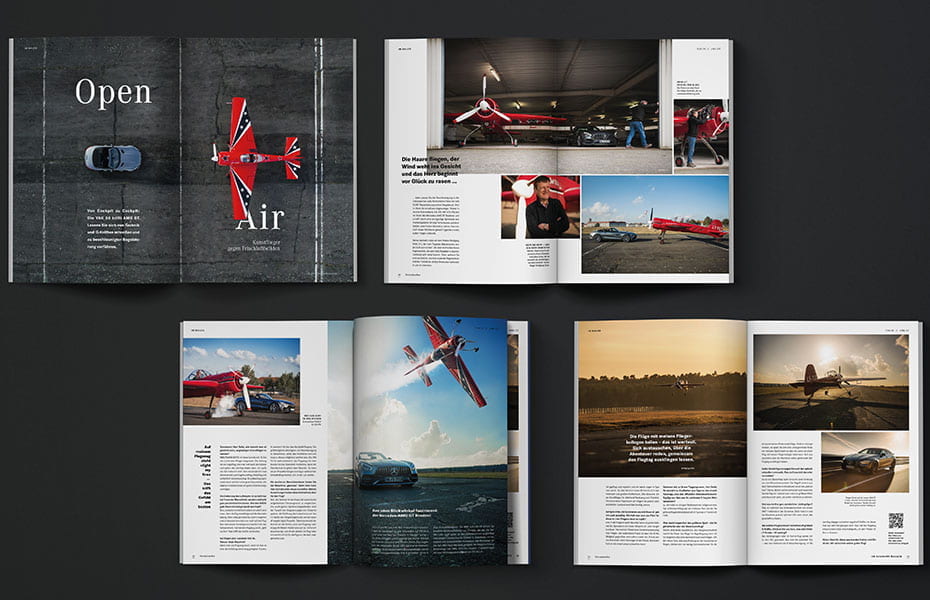 Kunzmann Sternstunden Artikel AMG GT Roadster und YAK 55 als Printversion auf schwarzem Hintergrund