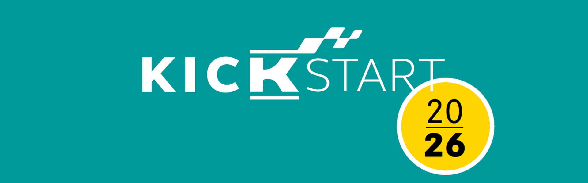 Kunzmann Kickstart-Logo auf türkisem Hintergrund mit weißer Schrift und gelbem runden Button 2026